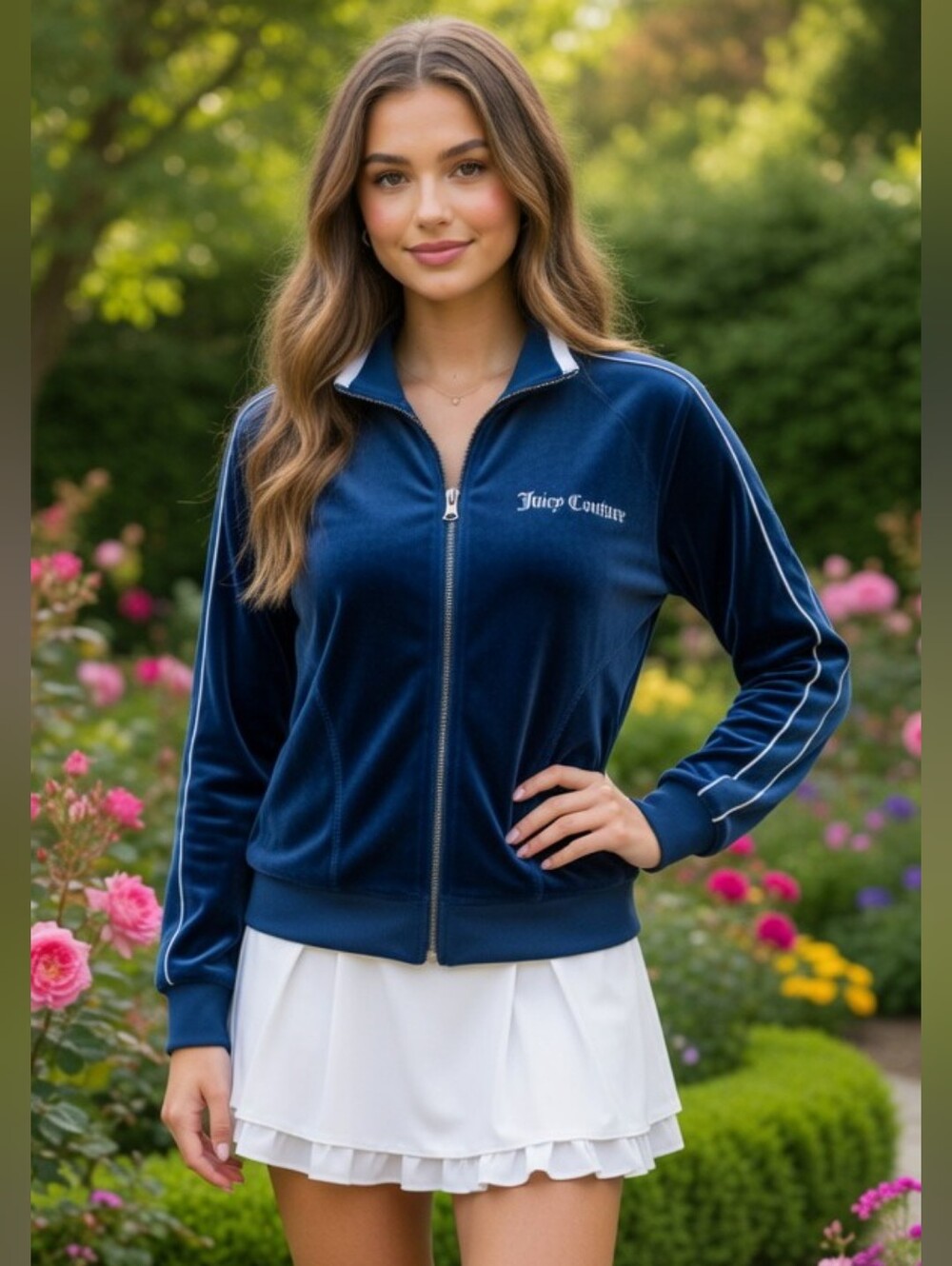 JUICY COUTURE Navy Velvet Velour Juicy Anyone? Tennis Jacket - Size L - NWT